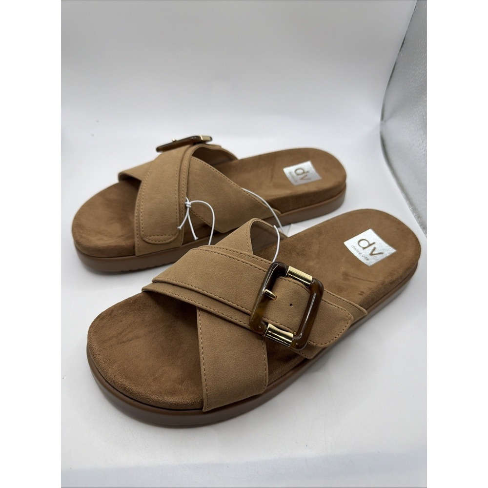 Dolce Vita Women's Tan Slide Sandals Faux Leather Fashion Flat Sandals. Size 9